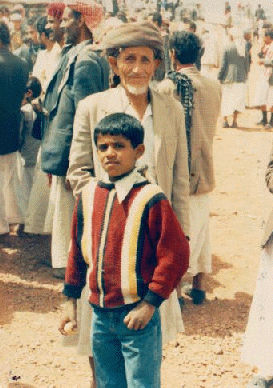 Older Yemeni man at wedding celebration. He kept hitting me with his cane to take another picture of him. [August 17, 1992]